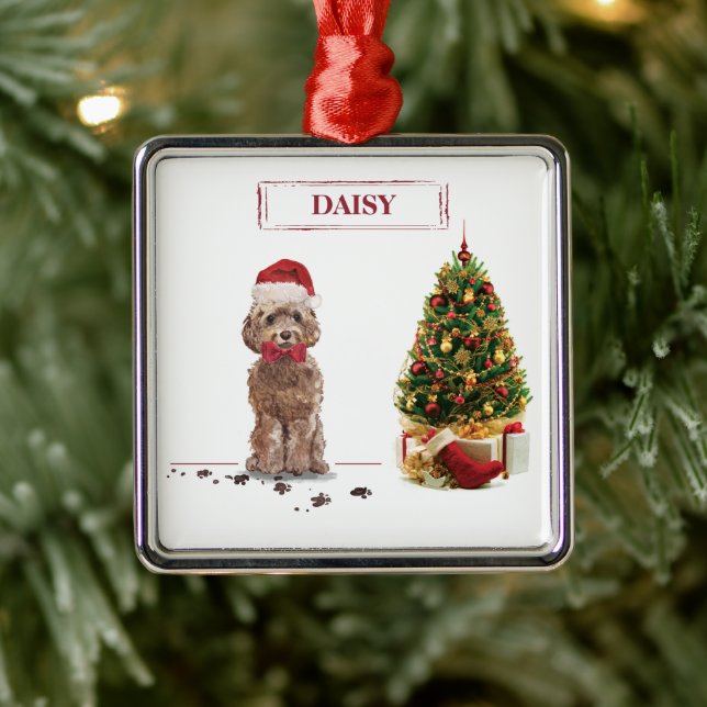 Brown Cockapoo Funny Christmas Dog and Tree Metal Tree Decoration (Tree)