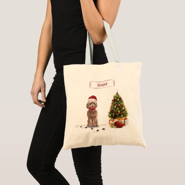 Brown Cockapoo Funny Christmas Dog and Tree Tote Bag (Front (Product))