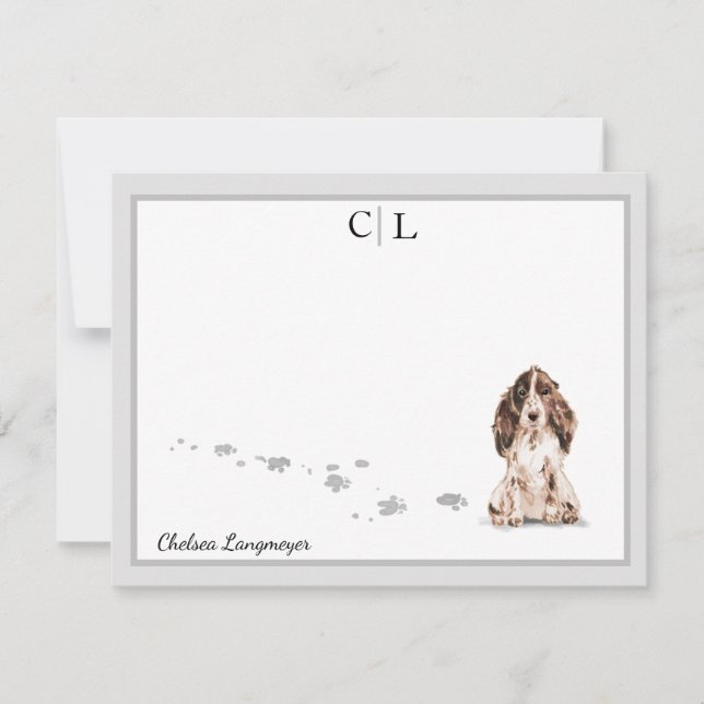 Brown Cocker Spaniel Dog Grey Border Monogram Name Card (Front)