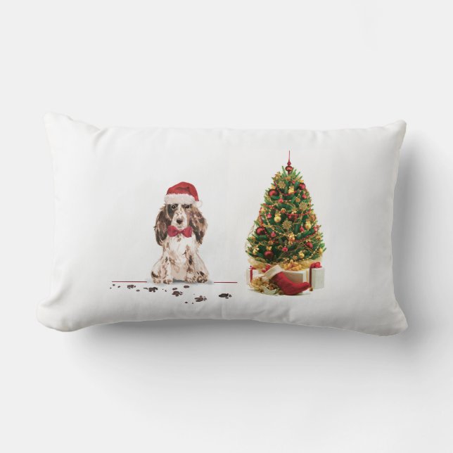 Brown Cocker Spaniel Funny Christmas Dog with Tree Lumbar Cushion (Front)