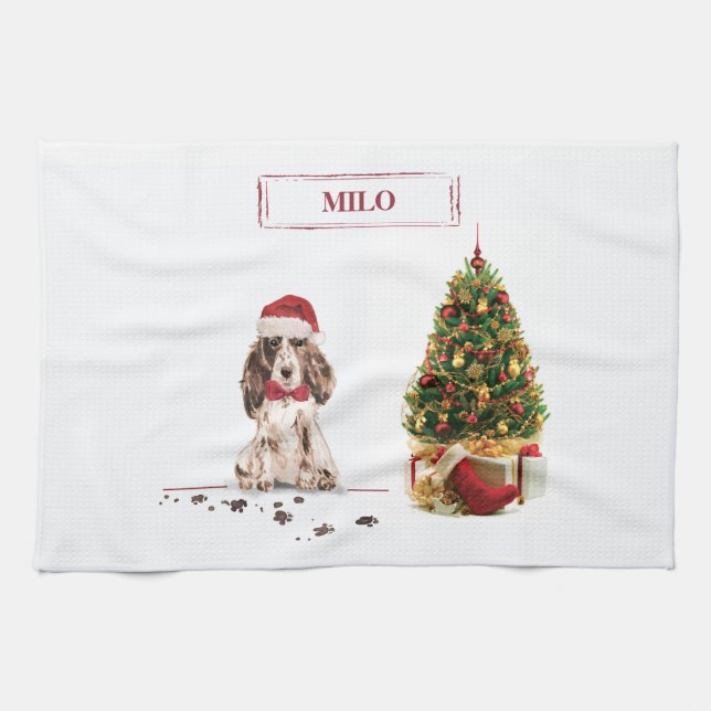 Brown Cocker Spaniel Funny Christmas Dog with Tree Tea Towel (Horizontal)