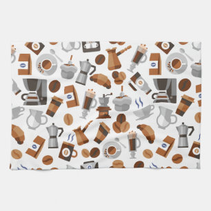 Brown Coffee and Croissant Pattern Tea Towel