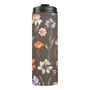 Brown Colorful Watercolor Wildflower Pattern Thermal Tumbler