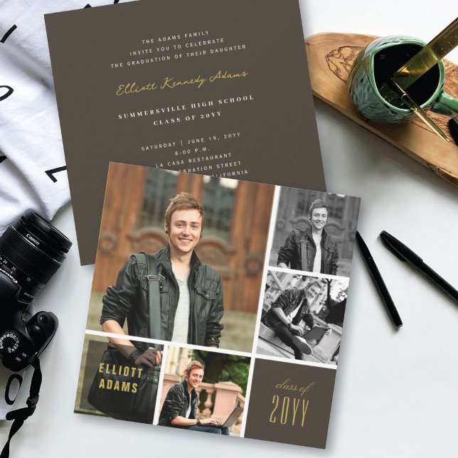 Brown Colour Block 4 Photo Modern Square Grad Part Invitation (Creator Uploaded)