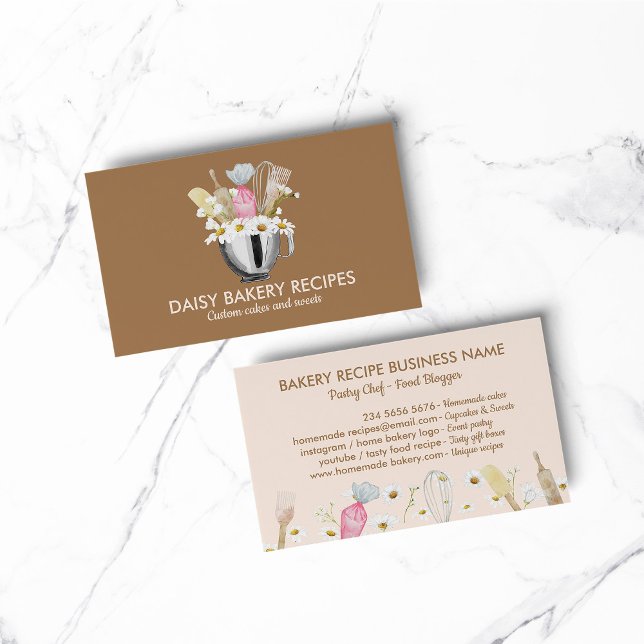 Brown Cook Daisy Flowers Bakery Tools Design Business Card (Creator Uploaded)