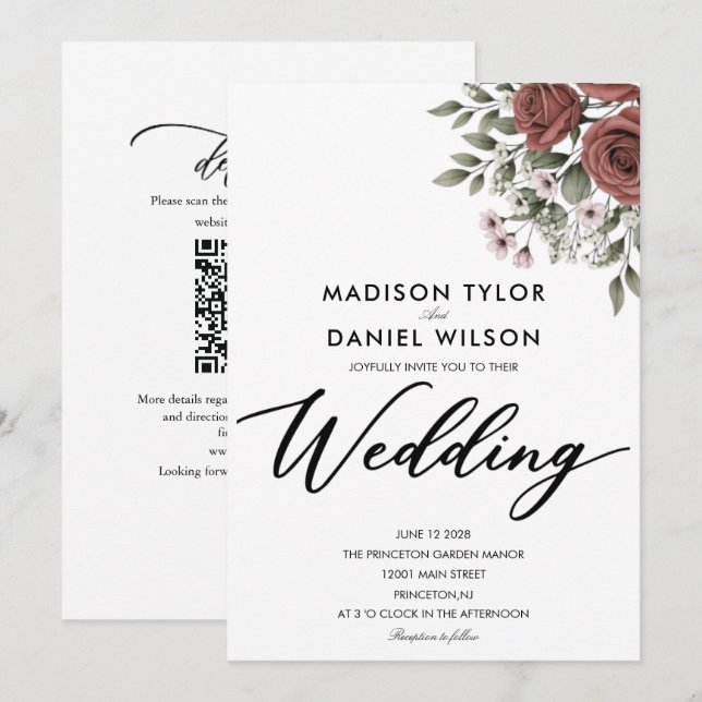 brown copper floral  classic minimal wedding invitation (Front/Back)