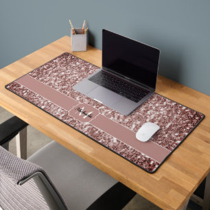 Brown coral glitter sparkles Monogram Desk Mat