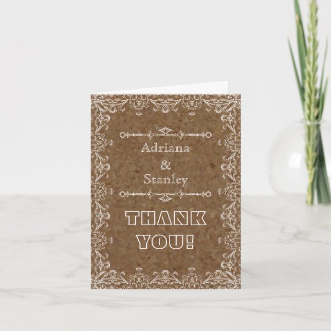 Brown cork & flourish frame wedding Thank You Card (Front)