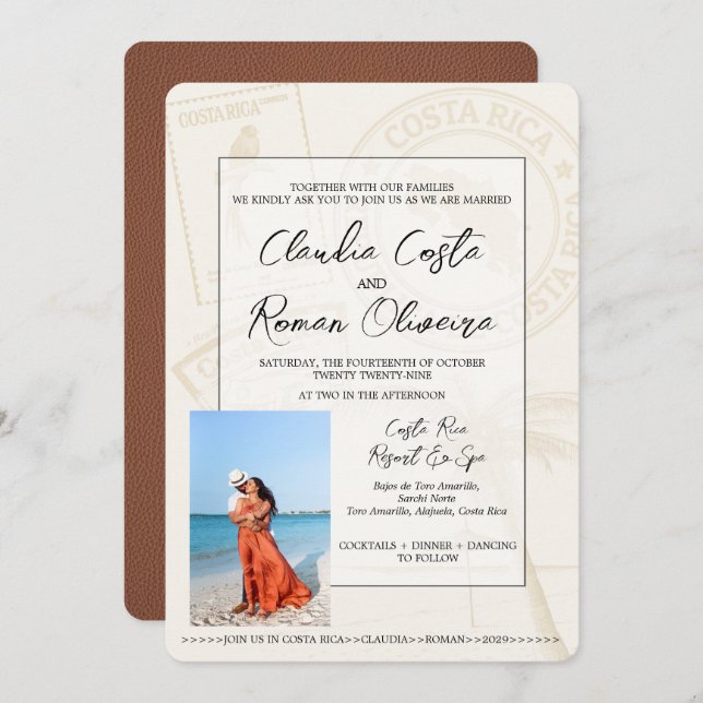 Brown Costa Rica Passport Wedding Invitation (Front/Back)