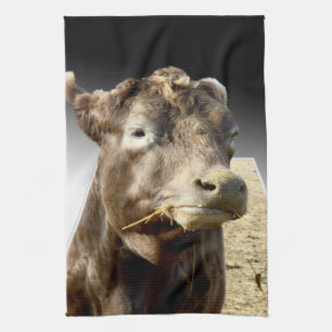 Brown Cow Munching Hay Face, Tea Towel