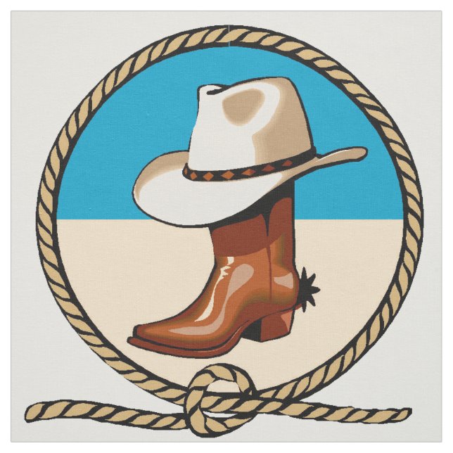 Brown Cowboy Boots Hat Rodeo Circle Print Pattern Fabric (Swatch)