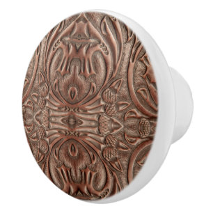 Brown Cowboy Rustic Western Country Leather Print Ceramic Knob