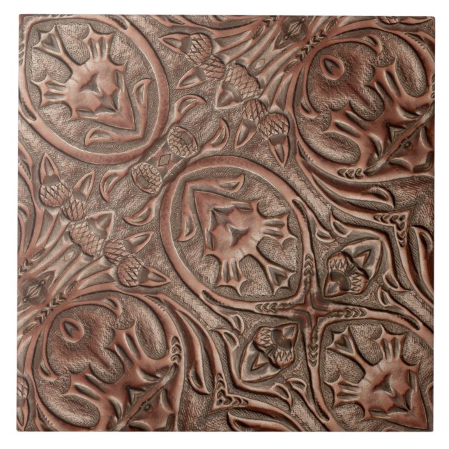 Brown Cowboy Rustic Western Country Leather Print Tile (Front)
