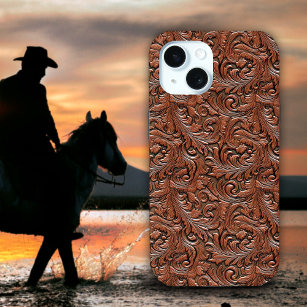 Brown cowgirl cowboy floral tooled leather western iPhone 15 case