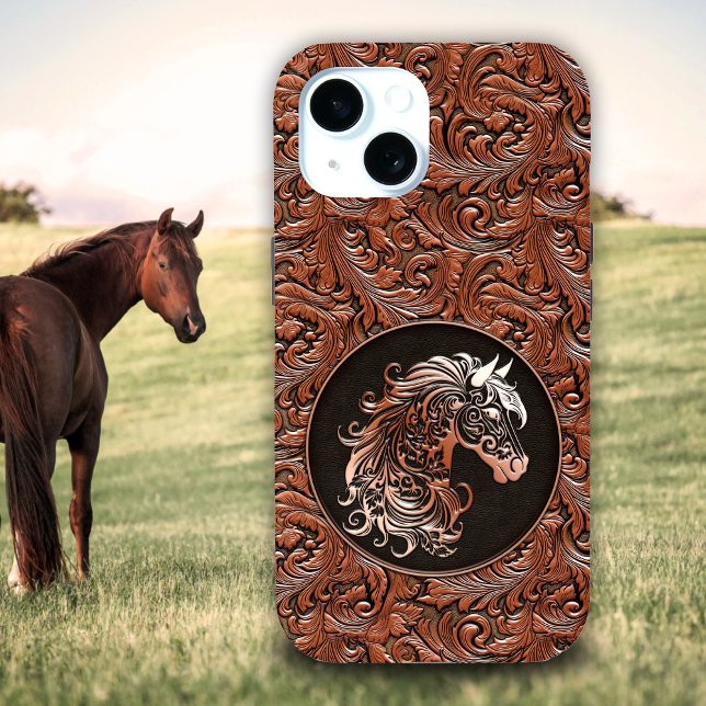 Brown cowgirl floral tooled leather horse head Case-Mate iPhone case (Brown cowgirl floral tooled leather horse head Case-Mate iPhone case)