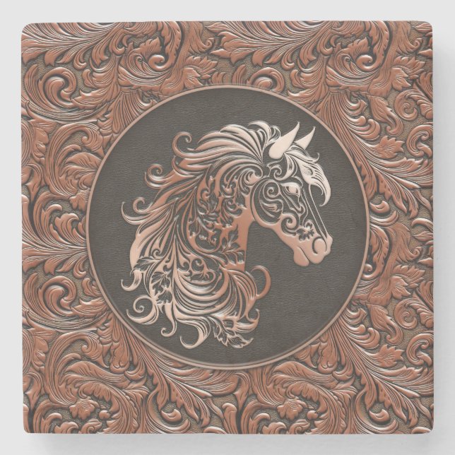 Brown cowgirl floral tooled leather horse head stone coaster (Front)