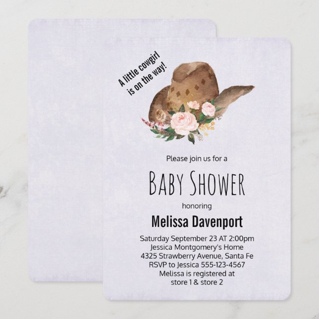 Brown Cowgirl Hat with Pink Flowers Baby Shower Invitation (Front/Back)