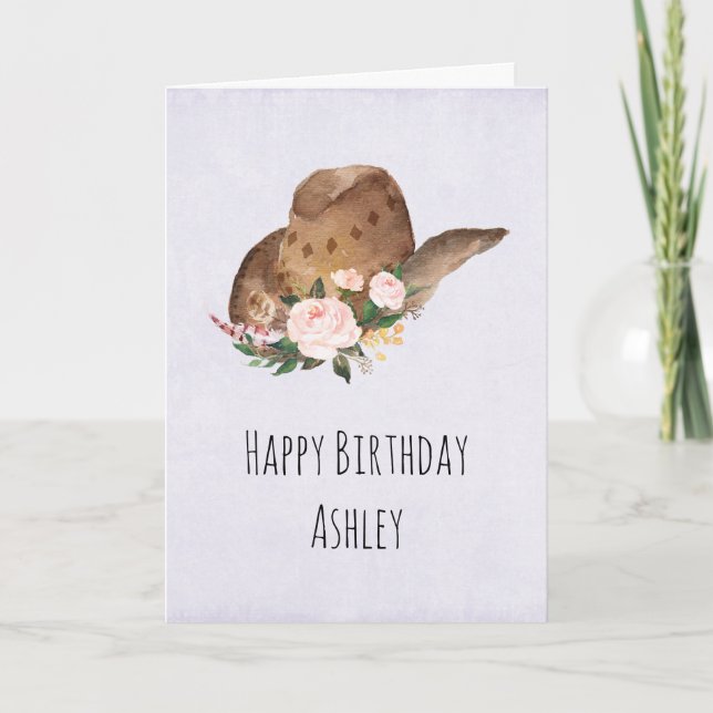 Brown Cowgirl Hat with Pink Flowers Birthday Card (Front)