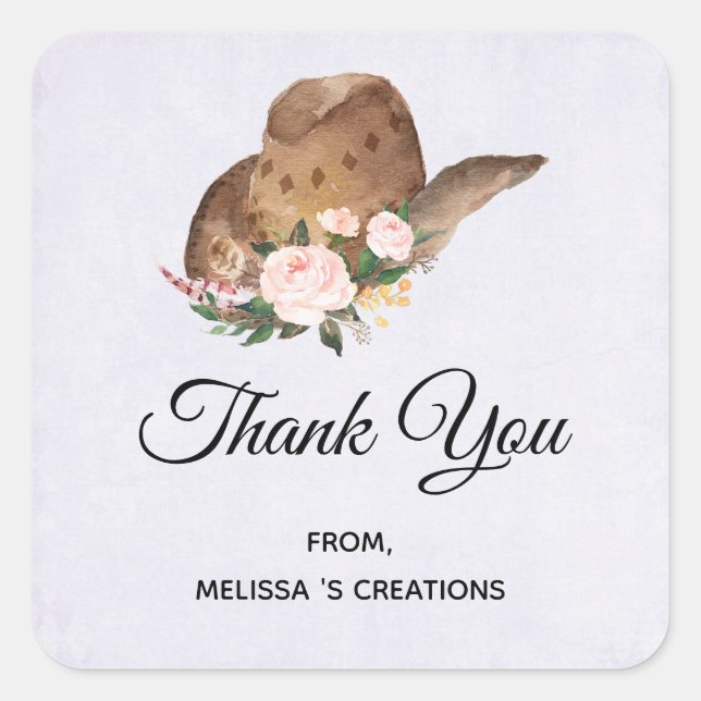 Brown Cowgirl Hat with Pink Flowers Business Square Sticker (Front)