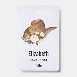 Brown Cowgirl Hat with Pink Flowers ID Badge