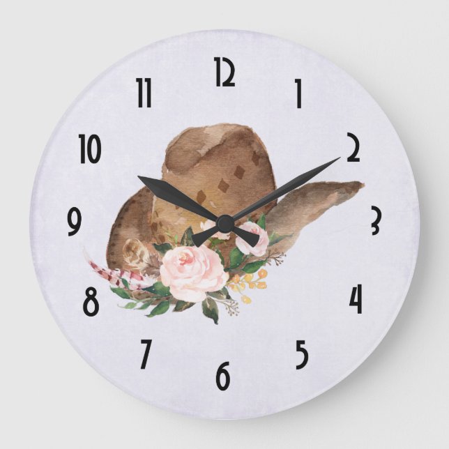Brown Cowgirl Hat with Pink Flowers Large Clock (Front)
