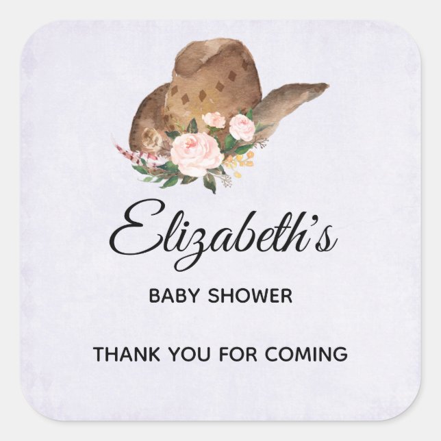 Brown Cowgirl Hat with Pink Flowers Party Square Sticker (Front)