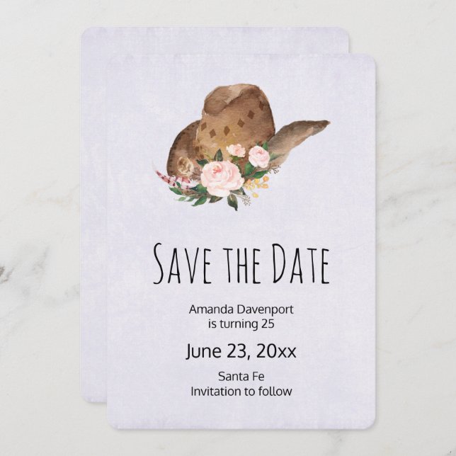 Brown Cowgirl Hat with Pink Flowers Save The Date (Front/Back)
