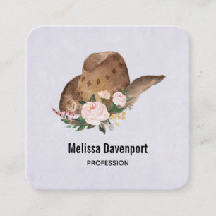 Brown Cowgirl Hat with Pink Flowers Square Business Card