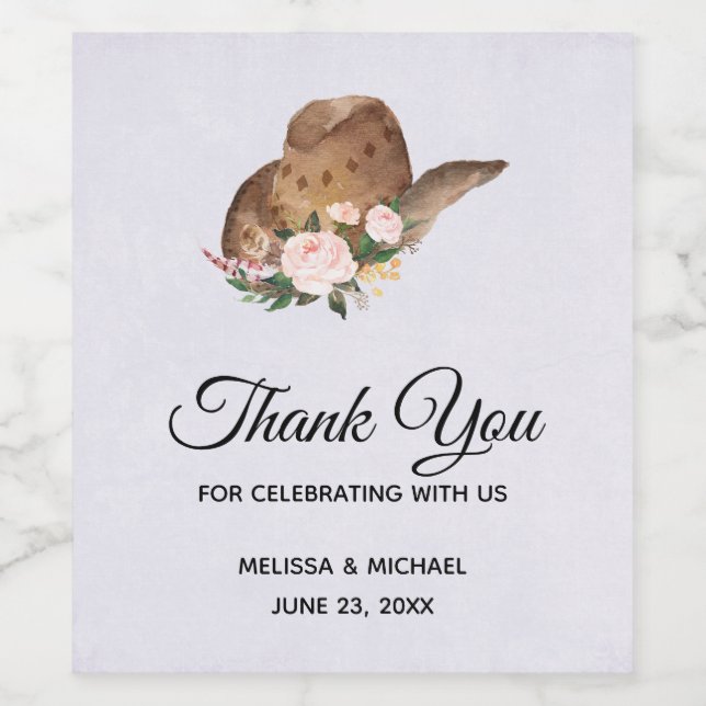 Brown Cowgirl Hat with Pink Flowers Wedding Wine Label (Single Label)
