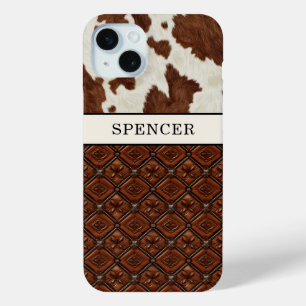 Brown Cowhide and Leather Monogrammed iPhone 15 Mini Case