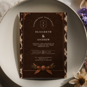 Brown Cowhide Copper Western Wedding Invitation