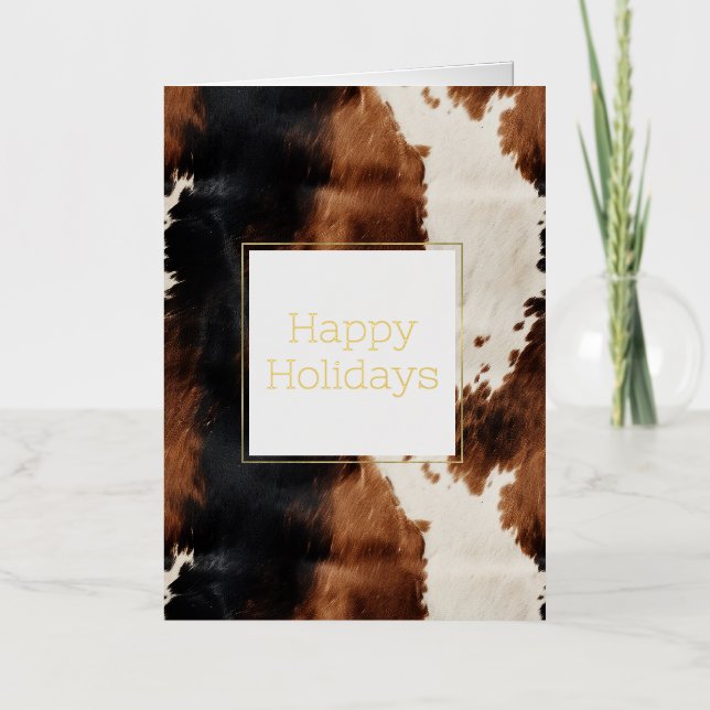 Brown Cream Black Southwest Cowhide Christmas Foil Holiday Card (Front)