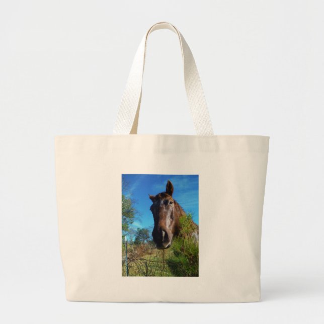Brown & Cream Coloured Horse blue sky Large Tote Bag (Front)