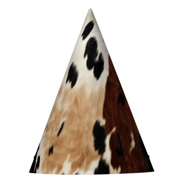 Brown Cream Cowhide Cowgirl Cowboy Birthday Party Hat (Front)