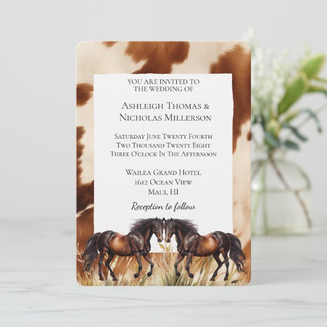 Brown Cream Cowhide Horses Wedding  Invitation (Standing Front)