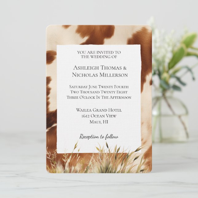 Brown Cream Cowhide Wedding  Invitation (Standing Front)