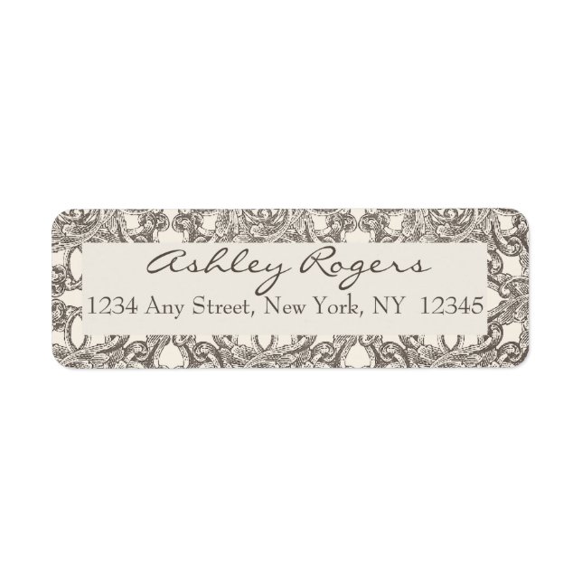 Brown Cream Damask Wedding Return Address Labels (Front)