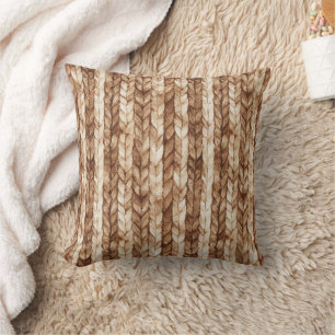 Brown Cream Faux Woven Stripes Cushion