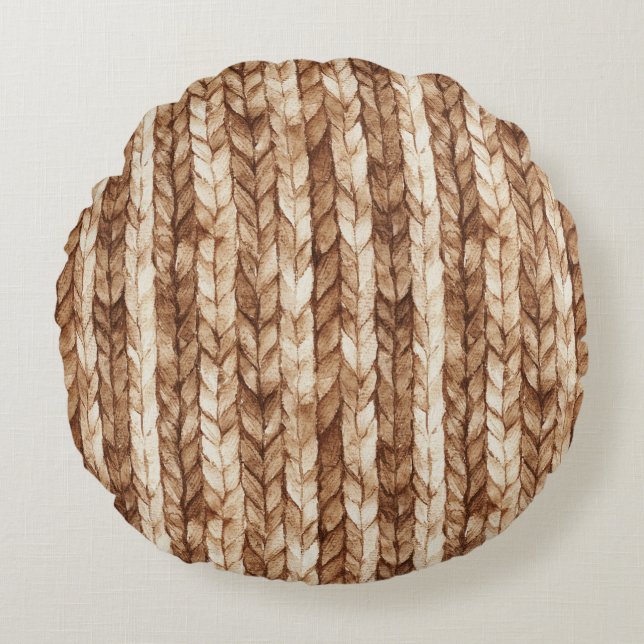 Brown Cream Faux Woven Stripes Round Cushion (Front)