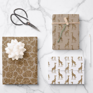 Brown Cream Gold Giraffe Print Glitter      Wrapping Paper Sheet