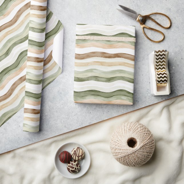 Brown Cream Green Stripes Wrapping Paper (Crafts)