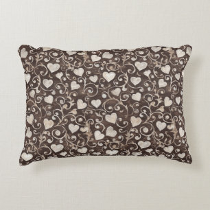 Brown Cream Hearts Decorative Cushion