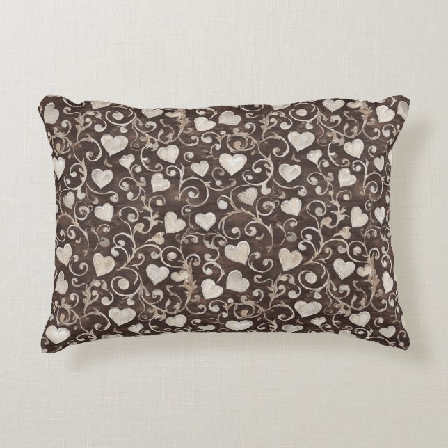 Brown Cream Hearts Decorative Cushion (Front)