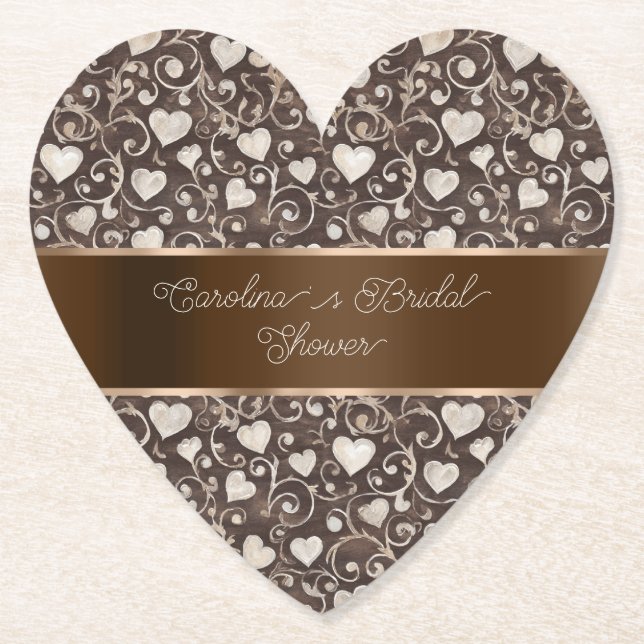 Brown Cream Hearts Ribbon Bridal Shower Paper Coaster (Front)