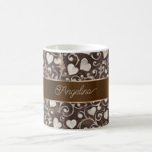 Brown Cream Hearts Ribbon Coffee Mug