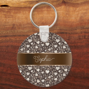 Brown Cream Hearts Ribbon Key Ring