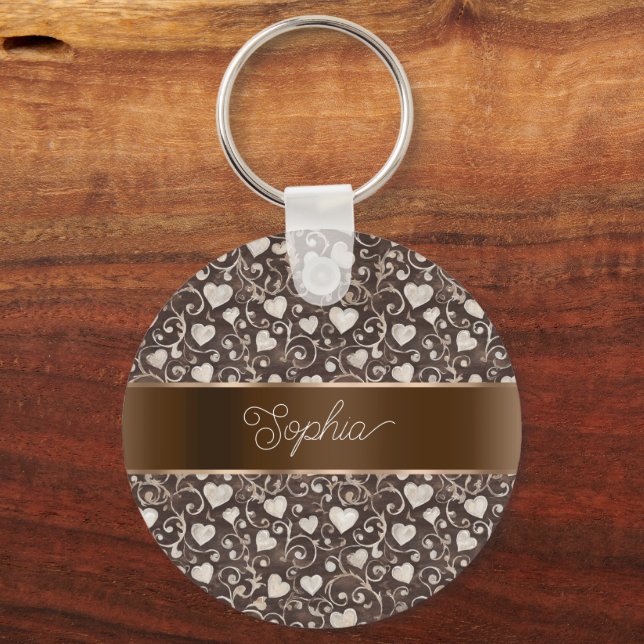 Brown Cream Hearts Ribbon   Key Ring (Front)