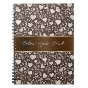 Brown Cream Hearts Ribbon Notebook