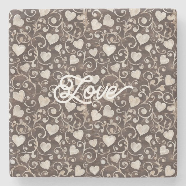 Brown Cream Hearts Stone Coaster (Front)