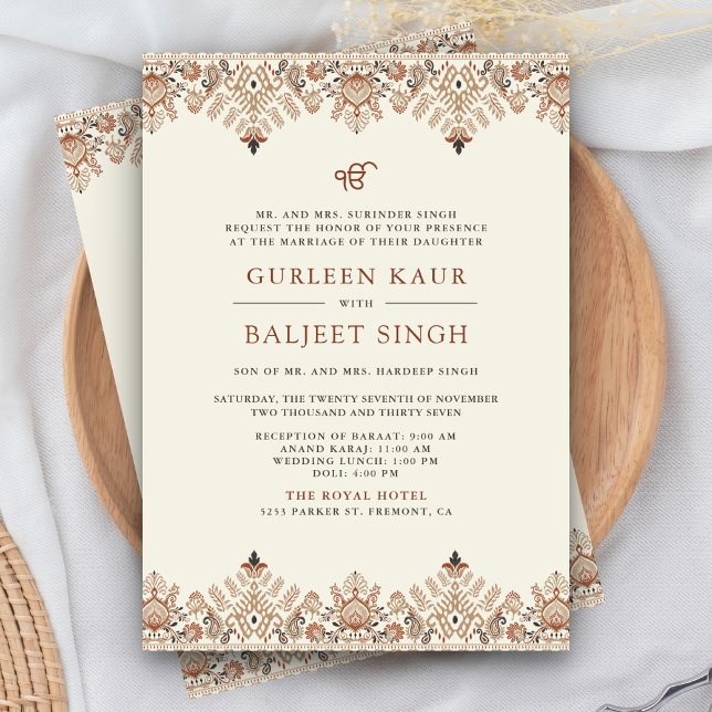 Brown Cream Ikat Anand Karaj Sikh Wedding Invitation (Creator Uploaded)